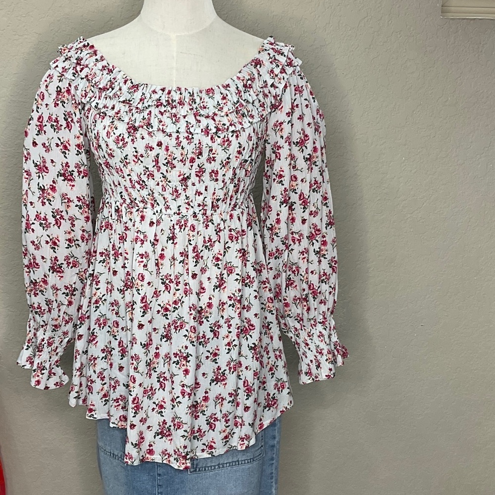 202 - Kori White Floral Blouse with Red and Pink Accents